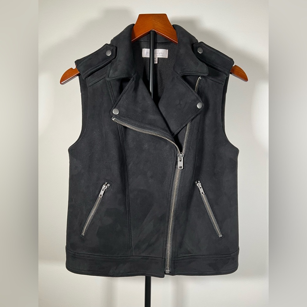EUC Philosophy Faux Suede Black Moto Biker Vest, Women’s Sz Medium, Asymmetric